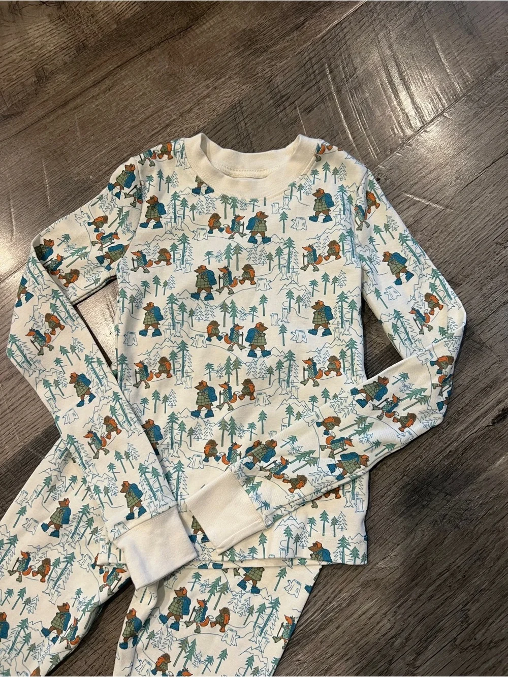 L.L. Bean Kids Cream Pajama Set with Teal and Brown Forest Print